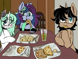 Size: 1916x1456 | Tagged: safe, artist:cozziegalazy, derpibooru import, oc, oc:arty, oc:cookie, oc:sal, unofficial characters only, burrito, drink, eating, food, glass, image, jpeg, restaurant, soda, table, taco, trio