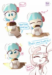 Size: 1448x2085 | Tagged: safe, artist:aceslingerexo, derpibooru import, coco pommel, earth pony, human, pony, cocobetes, coffee, cute, dialogue, heart, image, jpeg, looking at you, petting, smiling, solo, speech bubble, text