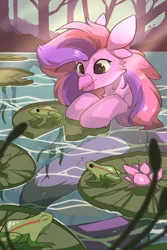 Size: 2030x3040 | Tagged: safe, artist:beardie, derpibooru import, oc, unofficial characters only, frog, commission, image, lilypad, png, pond, scenery, smiling, solo, swimming, water