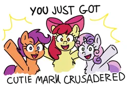 Size: 1000x680 | Tagged: safe, artist:memethyst-art, derpibooru import, apple bloom, scootaloo, sweetie belle, earth pony, pegasus, pony, unicorn, cutie mark crusaders, female, filly, foal, image, jpeg, looking at you, simple background, text, white background