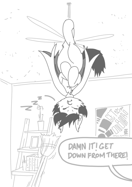 Size: 2480x3508 | Tagged: safe, artist:ponny, derpibooru import, oc, bat pony, broom, ceiling fan, fan, hanging, image, monochrome, onomatopoeia, png, sleeping, solo, sound effects, speech bubble, upside down, zzz