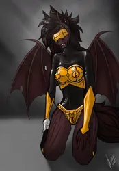 Size: 820x1180 | Tagged: suggestive, artist:stirren, derpibooru import, oc, anthro, bat pony, bat pony oc, bat wings, bdsm, blindfold, bra, chastity, chastity belt, clothes, commission, gold, image, jpeg, kneeling, metal, pose, spread wings, underwear, wings, ych result