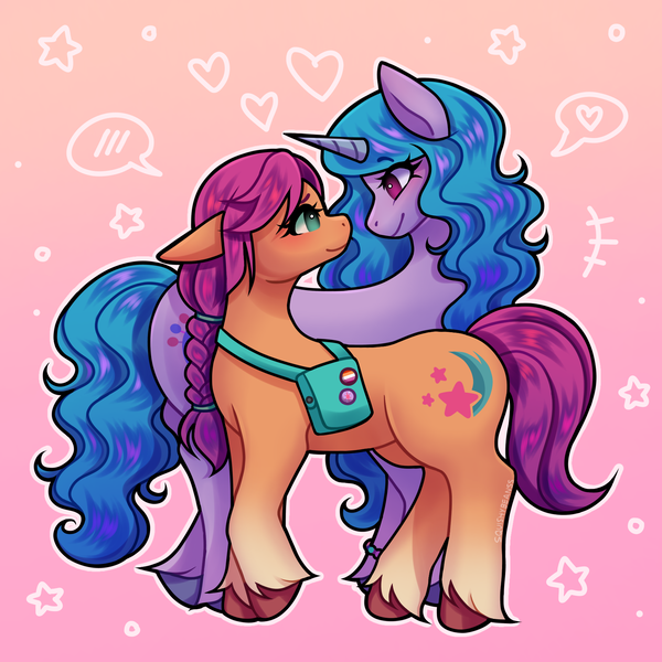 Size: 1747x1747 | Tagged: safe, artist:yippypaws, derpibooru import, izzy moonbow, sunny starscout, earth pony, pony, unicorn, duo, female, g5, image, izzyscout, lesbian, png, shipping