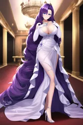 Size: 768x1152 | Tagged: suggestive, derpibooru import, editor:red5805, machine learning generated, novelai, stable diffusion, rarity, human, breasts, busty rarity, cleavage, clothes, dress, female, humanized, image, png, solo