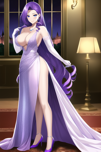 Size: 768x1152 | Tagged: suggestive, derpibooru import, editor:red5805, machine learning generated, novelai, stable diffusion, rarity, human, breasts, busty rarity, cleavage, clothes, dress, female, humanized, image, png, solo