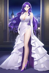 Size: 768x1152 | Tagged: suggestive, derpibooru import, editor:red5805, machine learning generated, novelai, stable diffusion, rarity, human, breasts, busty rarity, cleavage, clothes, dress, female, humanized, image, png, solo