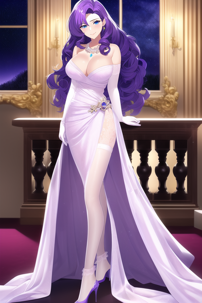 Size: 768x1152 | Tagged: suggestive, derpibooru import, editor:red5805, machine learning generated, novelai, stable diffusion, rarity, human, breasts, busty rarity, cleavage, clothes, dress, female, humanized, image, png, solo