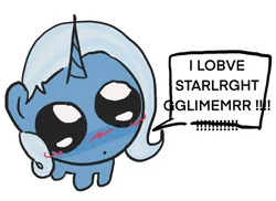 Size: 1185x862 | Tagged: safe, artist:stanleyiffer, derpibooru import, trixie, pony, unicorn, blushing, chibi, dialogue, female, image, implied lesbian, implied shipping, implied startrix, jpeg, simple background, solo, speech bubble, text, white background