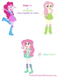 Size: 930x1234 | Tagged: safe, artist:prettycelestia, derpibooru import, fluttershy, pinkie pie, human, equestria girls, boots, clothes, curly hair, dress, eyeshadow, fusion, green eyes, high heel boots, humanized, image, makeup, multiple arms, png, shoes, stocking feet