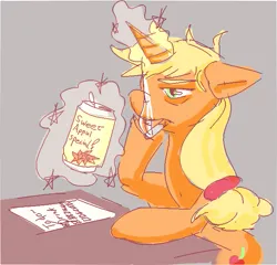 Size: 645x620 | Tagged: safe, artist:applepost67, derpibooru import, applejack, alicorn, pony, alcohol, alicornified, apple cider, applecorn, bags under eyes, cigarette, female, floppy ears, glow, glowing horn, gray background, horn, image, levitation, magic, magic aura, mare, png, race swap, simple background, smoking, soda can, solo, telekinesis