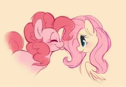 Size: 1600x1102 | Tagged: safe, artist:tamabel, derpibooru import, fluttershy, pinkie pie, earth pony, pegasus, pony, duo, duo female, eyes closed, female, image, jpeg, raspberry, simple background, smiling, tongue out, yellow background