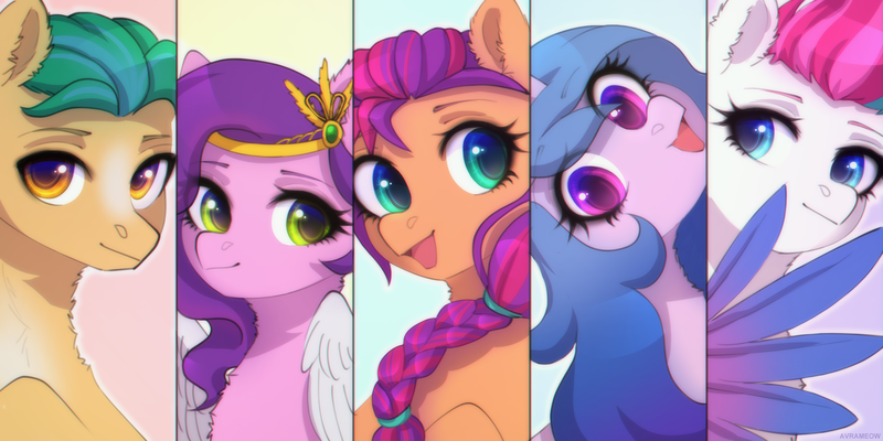 Size: 2998x1500 | Tagged: safe, artist:avrameow, derpibooru import, hitch trailblazer, izzy moonbow, pipp petals, sunny starscout, zipp storm, earth pony, pegasus, pony, unicorn, g5, adorapipp, adorazipp, braid, braided ponytail, chest fluff, cute, ear fluff, eyebrows, feather, female, hitchbetes, image, izzybetes, jewelry, looking at you, male, mane five (g5), mare, neck fluff, open mouth, png, ponytail, princess pipp, royal sisters (g5), siblings, signature, sisters, split screen, stallion, sunnybetes, tiara, two sides, wing fluff, wings