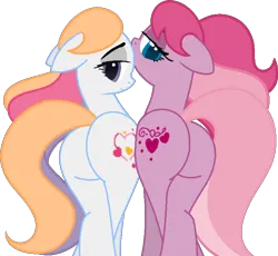 Size: 716x660 | Tagged: suggestive, artist:lilylocket, artist:tanahgrogot, derpibooru import, light heart, sweet berry, earth pony, pony, adorasexy, base used, butt, cute, duo, duo female, female, floppy ears, g2, g2 to g4, g4, generation leap, heart, image, lesbian, looking at you, looking back, looking back at you, mare, plot, png, sexy, simple background, smiling, smiling at you, sultry pose, transparent background