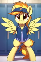 Size: 512x768 | Tagged: safe, derpibooru import, machine learning generated, novelai, stable diffusion, spitfire, pegasus, pony, semi-anthro, bipedal, clothes, female, hooves behind back, image, jacket, locker room, mare, png, short sleeves, solo, visor