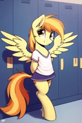 Size: 512x768 | Tagged: safe, derpibooru import, machine learning generated, novelai, stable diffusion, spitfire, pegasus, pony, semi-anthro, bipedal, clothes, female, hooves behind back, image, locker room, mare, pleated skirt, png, shirt, skirt, solo