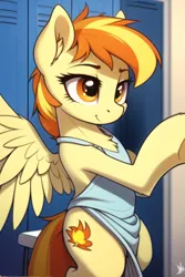 Size: 512x768 | Tagged: safe, derpibooru import, machine learning generated, novelai, stable diffusion, spitfire, pegasus, pony, semi-anthro, alternate cutie mark, backless, bipedal, chest fluff, clothes, female, image, locker room, mare, png, seat, shirt, solo, tanktop, wrong cutie mark