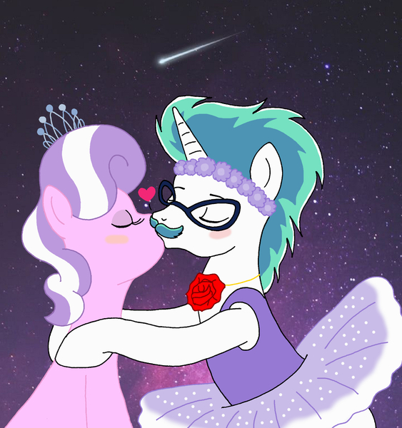 Size: 1600x1704 | Tagged: safe, artist:fabiounicorn, derpibooru import, diamond tiara, oc, oc:fabio, earth pony, pony, unicorn, adult, base used, blush sticker, blushing, canon x oc, clothes, crossdressing, duo, eyes closed, facial hair, floating heart, floral head wreath, flower, glasses, heart, image, jewelry, jpeg, kiss on the lips, kissing, love, moustache, necklace, older, older diamond tiara, romantic, rose, tutu