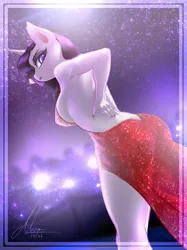 Size: 800x1067 | Tagged: suggestive, artist:thatdreamerarts, derpibooru import, rarity, anthro, unicorn, breasts, busty rarity, female, image, open-back dress, png, red dress, sideboob, solo