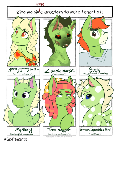 Size: 1423x2048 | Tagged: safe, artist:mscolorsplash, derpibooru import, granny smith, tree hugger, alicorn, anthro, earth pony, pony, seahorse, undead, zombie, zombie pony, six fanarts, animal crossing, crossover, female, image, male, mare, neopets, png, spongebob squarepants, stallion, young granny smith, younger