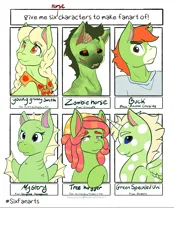 Size: 1423x2048 | Tagged: safe, artist:mscolorsplash, derpibooru import, granny smith, tree hugger, alicorn, anthro, earth pony, pony, seahorse, undead, zombie, zombie pony, six fanarts, animal crossing, crossover, female, image, male, mare, neopets, png, spongebob squarepants, stallion, young granny smith, younger