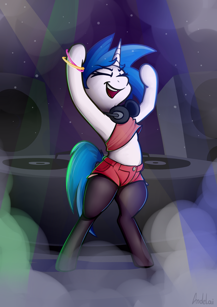 Size: 2480x3510 | Tagged: safe, artist:andelai, derpibooru import, vinyl scratch, semi-anthro, unicorn, clothes, dj booth, eyes closed, glow rings, headphones, image, leggings, open mouth, open smile, pantyhose, png, shorts, smiling, solo, speaker, turntable, wide hips