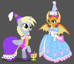 Size: 1068x924 | Tagged: safe, derpibooru import, derpy hooves, smolder, dragon, pegasus, pony, beautiful, candy, clothes, cute, dragoness, dress, duo, duo female, female, food, froufrou glittery lacy outfit, hat, hennin, image, png, pretty, princess, princess derpy, princess smolder, smolderbetes