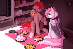Size: 3000x2000 | Tagged: safe, artist:villjulie, derpibooru import, oc, oc:hardy, oc:julie, alicorn, pegasus, pony, shrimp, :p, alicorn oc, blushing, book, bookshelf, box, chest fluff, detailed background, duo, ear piercing, female, food, full body, horn, image, looking at each other, looking at someone, male, mare, marshmallow, pegasus oc, piercing, pizza, plate, png, shelves, stallion, surprised, sushi, television, tongue out, wings