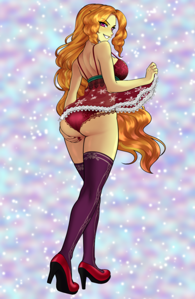 Size: 1339x2048 | Tagged: suggestive, artist:rileyav, derpibooru import, part of a set, adagio dazzle, human, equestria girls, abstract background, adagio dat-azzle, ass, bedroom eyes, bra, breasts, busty adagio dazzle, butt, butt touch, clothes, female, grin, hand on butt, high heels, image, lingerie, looking at you, panties, png, shoes, sideboob, smiling, smiling at you, snow, snowfall, socks, solo, solo female, stockings, thigh highs, underwear