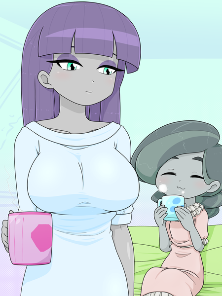 Size: 1668x2224 | Tagged: safe, artist:batipin, derpibooru import, marble pie, maud pie, equestria girls, bed, breasts, busty maud pie, eyes closed, image, png, sitting