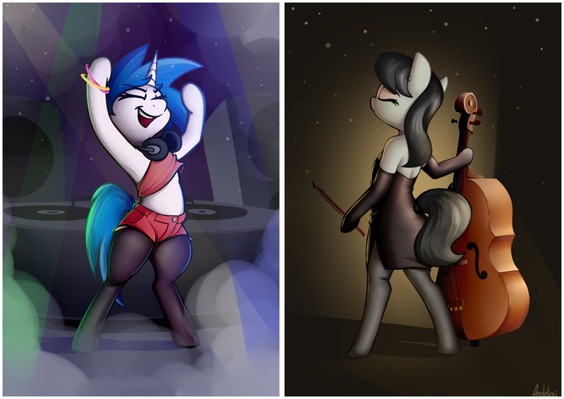 Size: 4960x3510 | Tagged: safe, artist:andelai, derpibooru import, editor:bronydj, octavia melody, vinyl scratch, earth pony, semi-anthro, unicorn, bipedal, cello, clothes, dj booth, dress, eyes closed, female, glow rings, headphones, image, leggings, musical instrument, open mouth, open smile, pantyhose, png, shorts, smiling, solo, speaker, turntable, wide hips