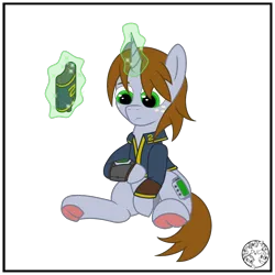 Size: 2000x2000 | Tagged: safe, artist:dice-warwick, derpibooru import, oc, oc:littlepip, unofficial characters only, pony, unicorn, comic:fallout equestria: quenching a thirst, fallout equestria, canteen, clothes, freckles, frog (hoof), image, jumpsuit, magic, pipbuck, png, simple background, sitting, solo, transparent background, underhoof, vault suit