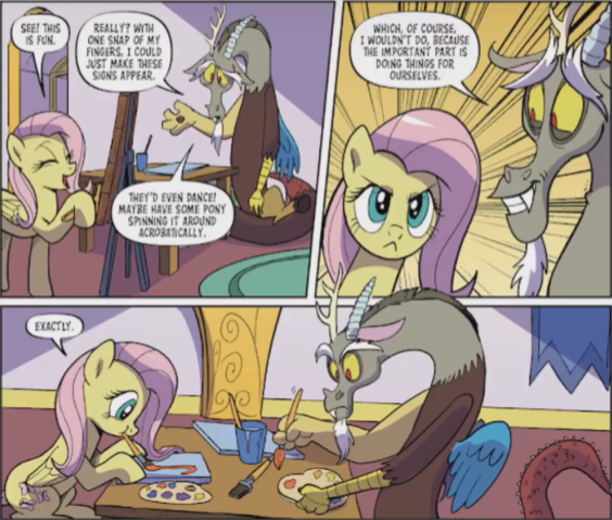 Size: 564x479 | Tagged: safe, derpibooru import, idw, discord, fluttershy, draconequus, pegasus, pony, comic, cropped, dialogue, duo male and female, female, frown, image, male, mare, mouth hold, paintbrush, painting, png, speech bubble, stare, the stare