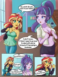 Size: 1200x1600 | Tagged: suggestive, artist:feudal-fiction, artist:mlp-cam, derpibooru import, starlight glimmer, sunset shimmer, comic:equestria girls curse and madness, equestria girls, belly button, bra, breasts, cleavage, clothes, comic, dialogue, image, png, speech bubble, underwear