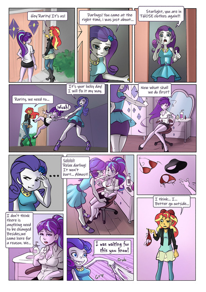 Size: 1400x1980 | Tagged: safe, artist:mlp-cam, artist:vyazinrei, derpibooru import, rarity, starlight glimmer, sunset shimmer, comic:equestria girls curse and madness, equestria girls, breasts, busty starlight glimmer, cleavage, clothes, comic, dialogue, image, jpeg, ripping clothes, sharp teeth, speech bubble, teeth, undressing