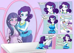 Size: 2800x2000 | Tagged: suggestive, artist:feudal-fiction, artist:mlp-cam, derpibooru import, rarity, starlight glimmer, comic:equestria girls curse and madness, equestria girls, belly button, blushing, breasts, busty starlight glimmer, comic, dialogue, duo, female, godiva hair, image, png, speech bubble, strategically covered
