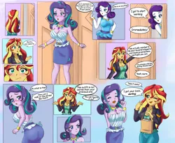 Size: 2800x2300 | Tagged: safe, artist:feudal-fiction, artist:mlp-cam, derpibooru import, rarity, starlight glimmer, sunset shimmer, comic:equestria girls curse and madness, equestria girls, blushing, breasts, busty starlight glimmer, butt, cleavage, comic, dialogue, female, glimmer glutes, image, png, speech bubble