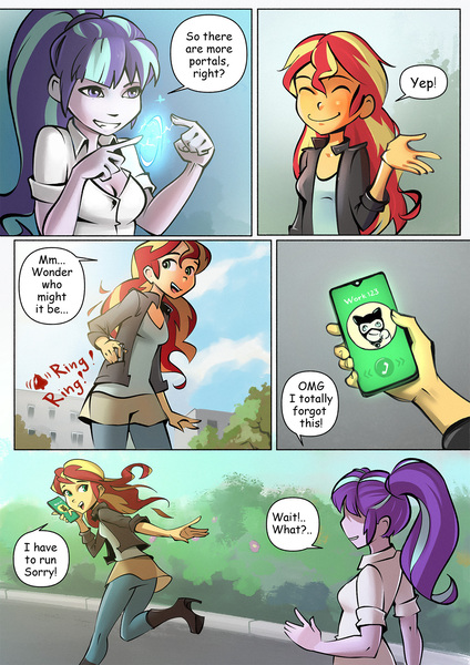 Size: 1400x1980 | Tagged: safe, artist:mlp-cam, artist:vyazinrei, derpibooru import, starlight glimmer, sunset shimmer, comic:equestria girls curse and madness, equestria girls, comic, dialogue, female, image, jpeg, magic, phone, speech bubble