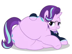 Size: 5597x4198 | Tagged: suggestive, artist:duskyzombie, derpibooru import, starlight glimmer, pony, unicorn, absurd resolution, adorasexy, bedroom eyes, bowtie, butt, butt grab, butt touch, clothes, cute, dock, female, glimmer glutes, grin, grope, huge butt, image, large butt, lidded eyes, looking at you, looking back, looking back at you, lying down, mare, open mouth, plot, png, sexy, simple background, smiling, solo, suit, tail, the ass was fat, transparent background, vector
