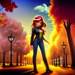 Size: 1536x1536 | Tagged: safe, derpibooru import, editor:siber, machine learning generated, purplesmart.ai, stable diffusion, sunset shimmer, human, equestria girls, autumn, boots, clothes, denim, humanized, image, jacket, jeans, lamppost, pants, park, png, scenery, shoes, sky, solo, sun, tree
