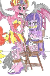 Size: 726x1100 | Tagged: safe, artist:godzilla713, derpibooru import, screencap, sunset shimmer, twilight sparkle, alicorn, human, equestria girls, equestria girls (movie), bare shoulders, big crown thingy, chair, element of magic, female, gag, image, jewelry, jpeg, regalia, spread wings, tied to chair, wings