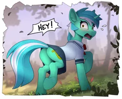 Size: 2400x1948 | Tagged: safe, artist:yakovlev-vad, derpibooru import, lyra heartstrings, pony, unicorn, blushing, butt, clothes, female, forest, image, looking at you, looking back, looking back at you, lyrebutt, mare, open mouth, plot, png, raised hoof, sailor uniform, skirt, solo, tree, underhoof, uniform, upskirt, wide eyes