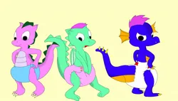 Size: 1280x728 | Tagged: safe, artist:leonxiii, derpibooru import, master kenbroath gilspotten heathspike, spike (g1), dragon, g1, g2, g3, claws, commission, diaper, diaper fetish, embarrassed, fetish, grump, hand on hip, image, jpeg, knock-kneed, looking back, male, non-baby in diaper, open mouth, rear view, simple background, smiling, tan background, unamused, unnamed dragon, wings, zip-zip