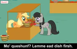 Size: 1920x1224 | Tagged: safe, artist:agrol, derpibooru import, edit, edited screencap, screencap, applejack, octavia melody, earth pony, pony, comic:celestia's servant interview, apple, aweeg*, bucket, caption, clothes, cs captions, eating, female, food, hoof hold, image, image macro, mare, market, market stall, octavia's birthday, old art, png, scarf, striped scarf, text