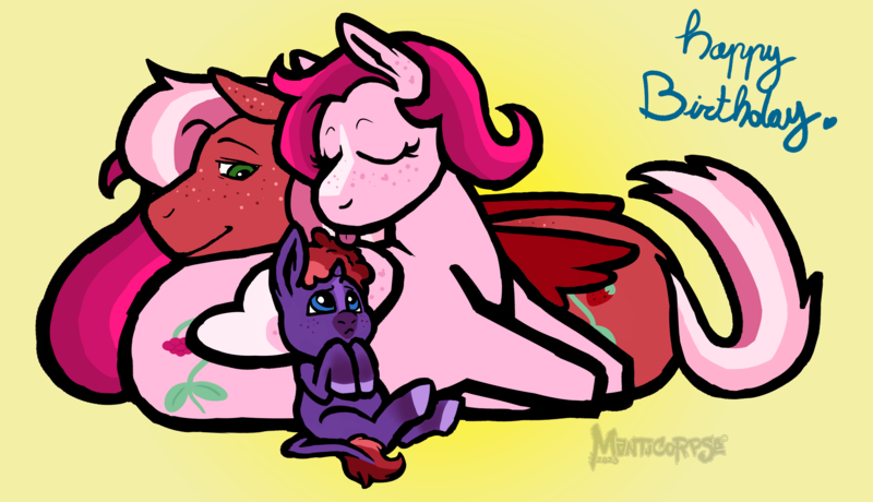 Size: 2858x1643 | Tagged: safe, artist:manticorpse, derpibooru import, oc, oc:mulberry wine, oc:raspberry sorbet, oc:strawberry syrup, pegasus, pony, unicorn, baby, baby pony, curved horn, cute, cutie mark, female, foal, folded wings, horn, image, lesbian, lesbian couple, licking, magenta mane, magical lesbian spawn, mother, mother and child, offspring, pegasus oc, pegasus wings, pink coat, pink mane, png, purple coat, red coat, red mane, small horn, toddler, tongue out, transformers, unicron, wholesome, wings