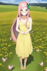 Size: 768x1152 | Tagged: safe, derpibooru import, editor:red5805, machine learning assisted, machine learning generated, novelai, stable diffusion, fluttershy, human, blushing, clothes, dress, female, grass, humanized, image, png, solo