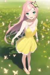 Size: 768x1152 | Tagged: safe, derpibooru import, editor:red5805, machine learning assisted, machine learning generated, novelai, stable diffusion, fluttershy, butterfly, human, insect, clothes, dress, female, grass, humanized, image, png, solo