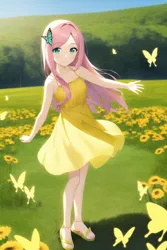 Size: 768x1152 | Tagged: safe, derpibooru import, editor:red5805, machine learning assisted, machine learning generated, novelai, stable diffusion, fluttershy, butterfly, human, insect, clothes, dress, female, grass, humanized, image, png, solo