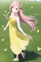 Size: 768x1152 | Tagged: safe, derpibooru import, editor:red5805, machine learning assisted, machine learning generated, novelai, stable diffusion, fluttershy, butterfly, human, insect, clothes, dress, female, grass, humanized, image, png, solo