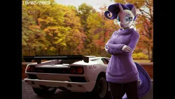 Size: 3840x2160 | Tagged: safe, artist:comradeshy, derpibooru import, rarity, anthro, pony, unicorn, 3d, 4:3, autumn, car, clothes, ear piercing, earring, glasses, image, jewelry, lamborghini diablo, need for speed, piercing, png, round glasses, solo, source filmmaker, sweater