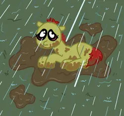 Size: 1600x1500 | Tagged: safe, artist:thunderpibb, derpibooru import, apple bloom, earth pony, pony, alternate hairstyle, crying, female, filly, foal, g4, grass, image, little ponies love to play in the mud, lying down, missing accessory, mud, muddy, muddy hooves, outdoors, png, prone, rain, sad, story included, wat